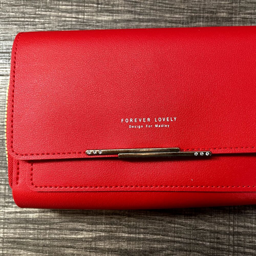 Wallet Clutch Forever Lovely Design Madley Red Faux Leather Crossbody Purse NWOT